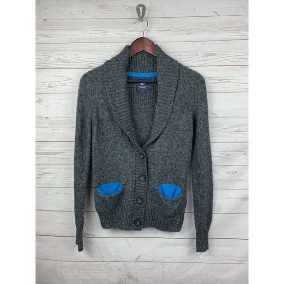 American Eagle Sweater Womens small Gray Wool Button Cardigan Pockets Academia‎ - Picture 1 of 7